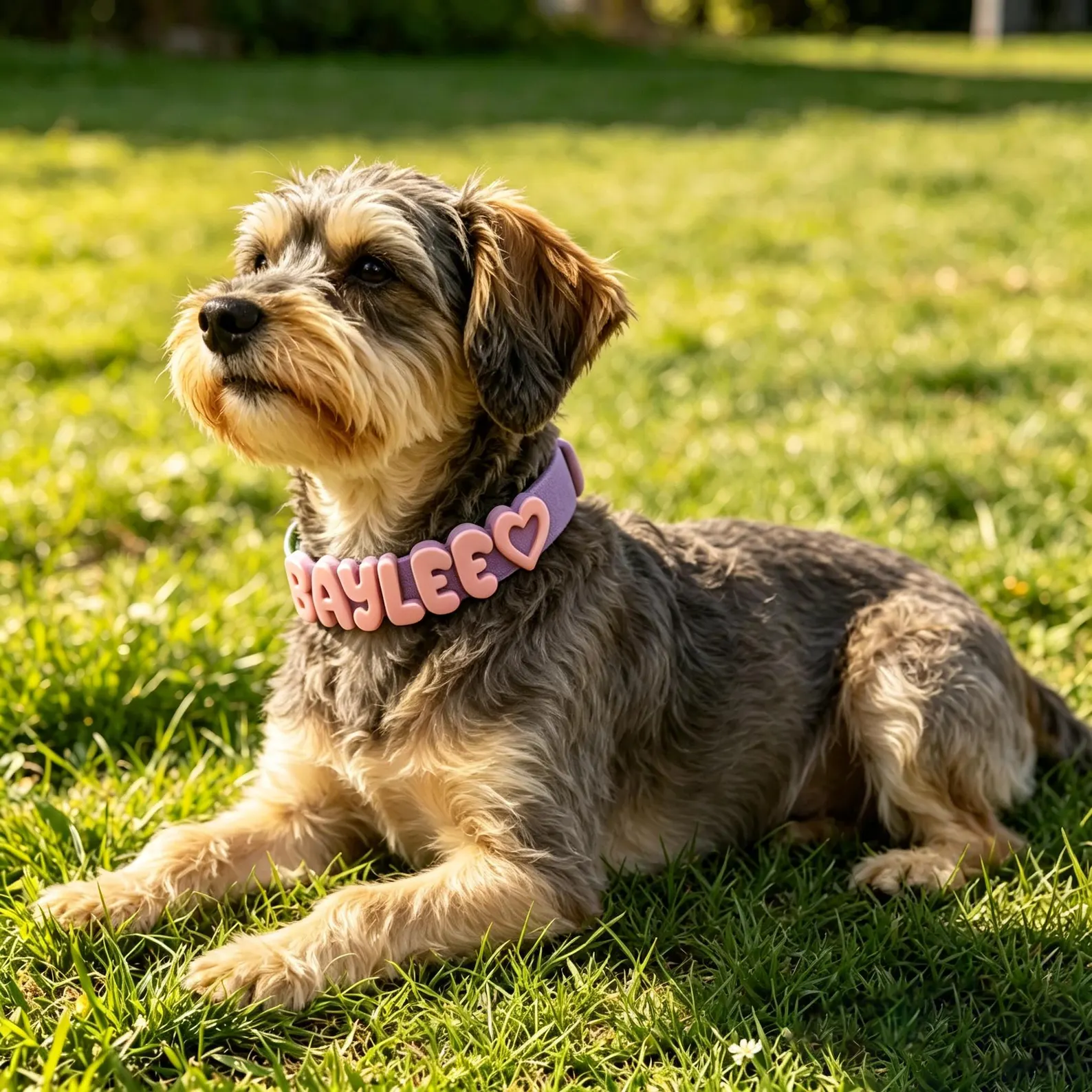 Terrier Baylee lounging in a lavender Pupora collar