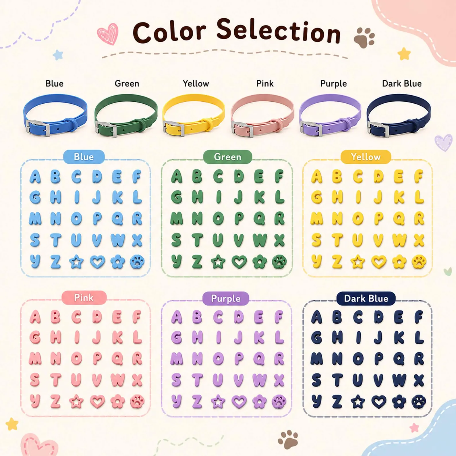 Pupora color selection guide with letters and charms