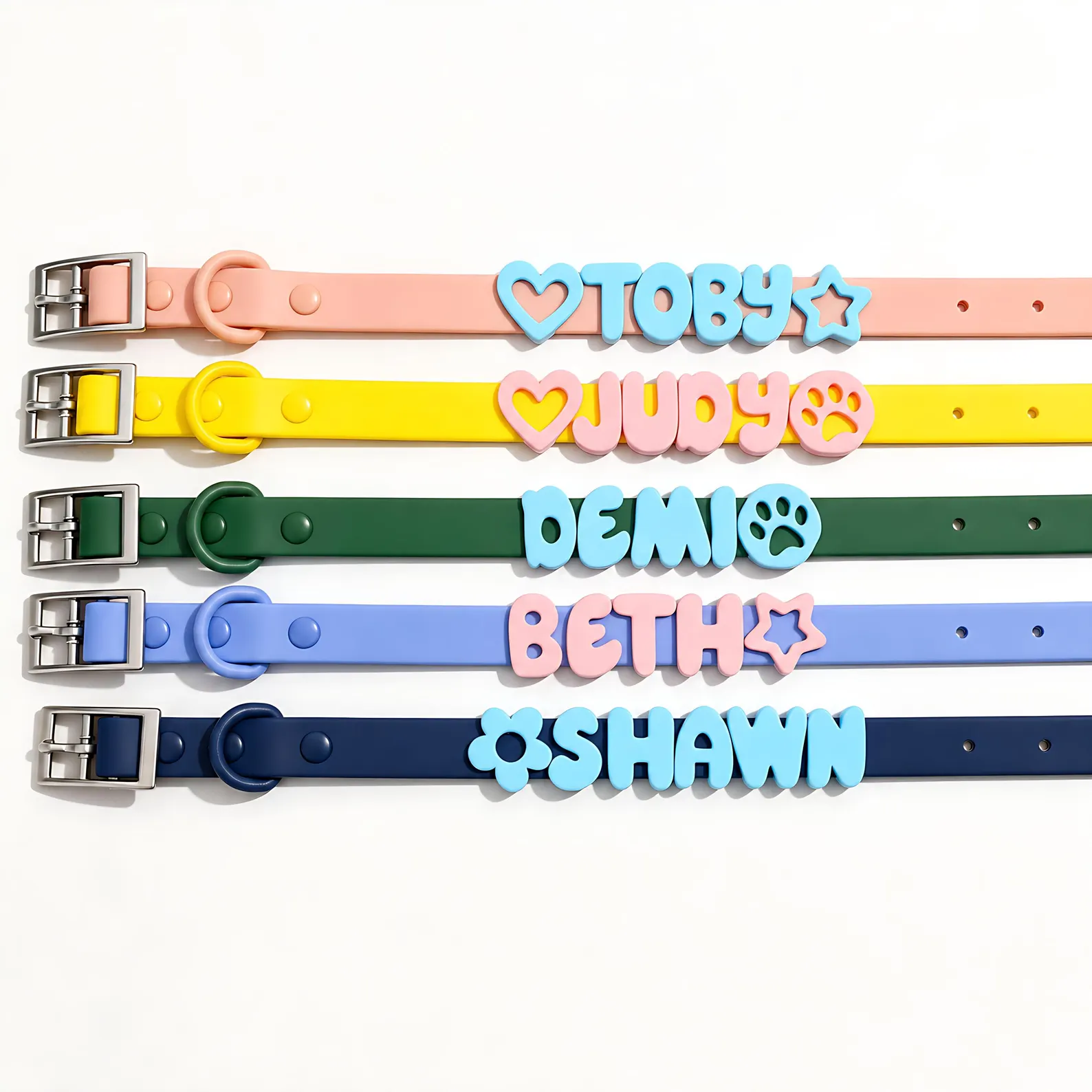 Lineup of Pupora collars with names and charms