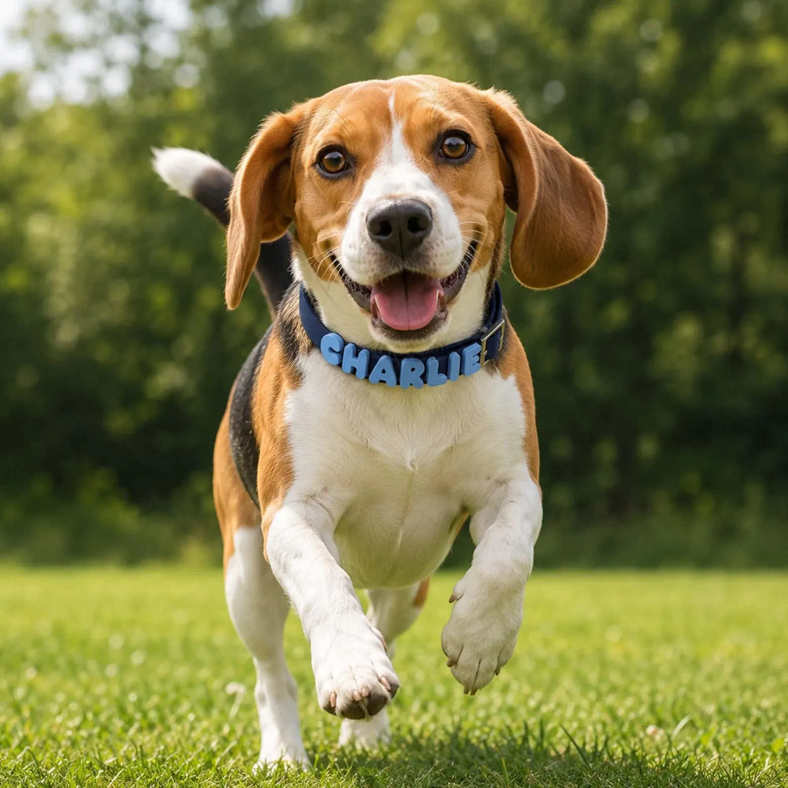 Beagle Charlie running in a navy Pupora collar