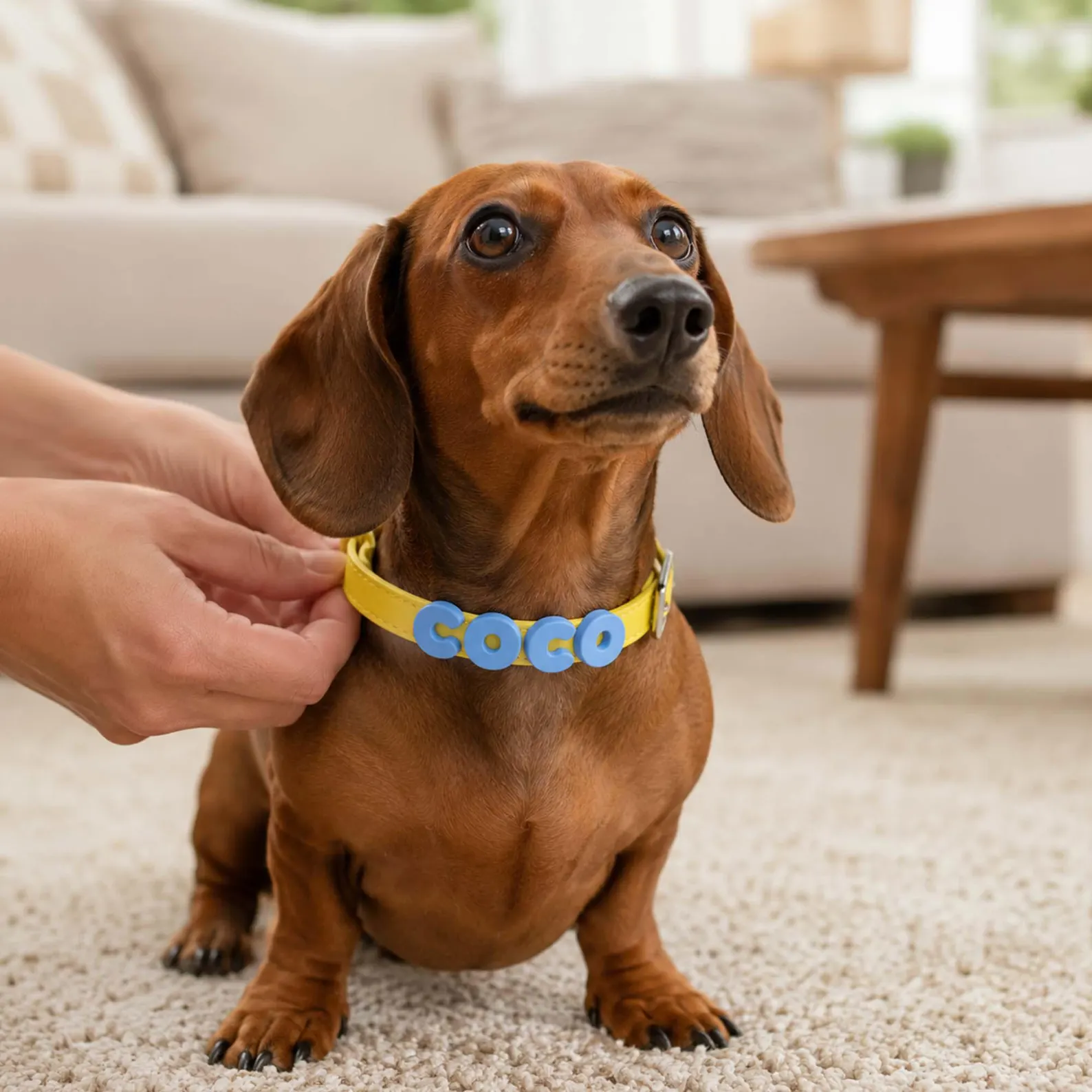 Dachshund Coco wearing a yellow personalized collar