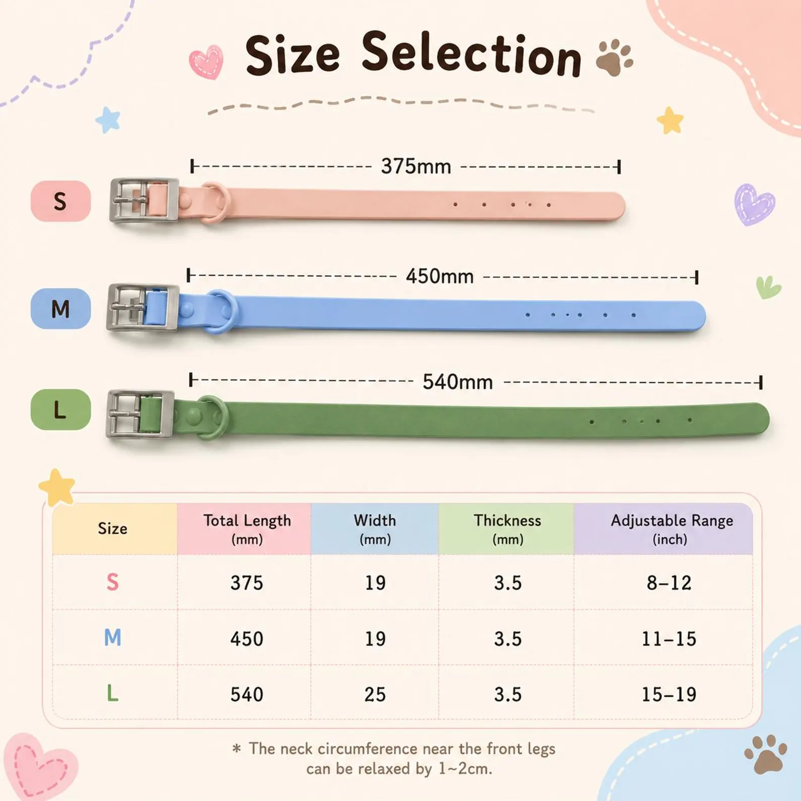 Pupora size selection guide with measurements