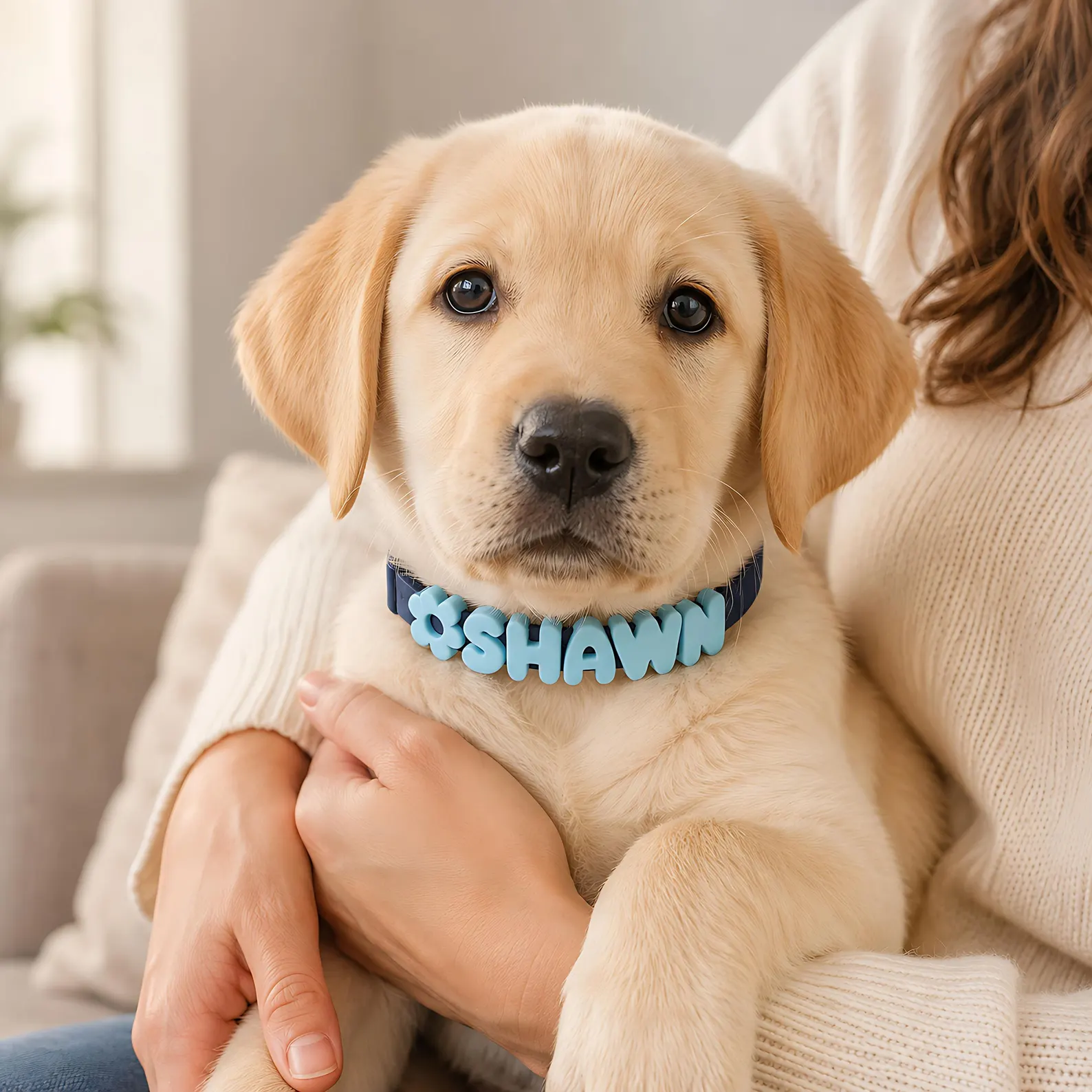 Owner hugging their dog wearing a personalized collar